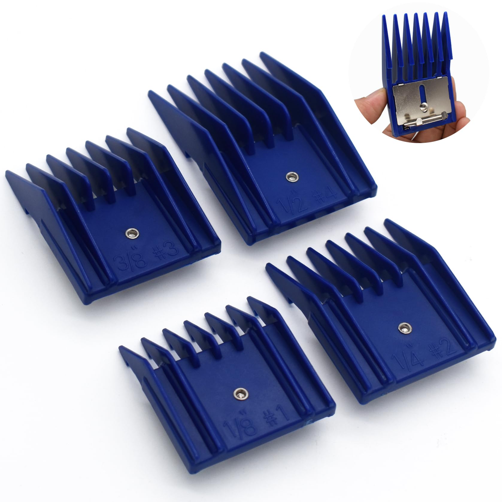 4 Pieces Professional A5 Style Hair Clipper Attachment Guard Guide Cutting Combs Set 76926-900, 1/8", 1/4", 3/8", 1/2", Compatible with Oster Classic 76 A5 Andis AG BG Wahl KM Pet Groomers(Navy)