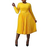 VERWIN Plus Size Dress Long Sleeve Belted Dress for Women Round Neck A-line Dresses Women's Midi Dress Pleated Dress