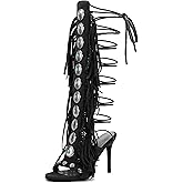 FancyQueen Gladiator Heels Knee High Heels for Women Open Toe Stiletto Suede Fringe Boots Lace up Strappy Peep Toe High Sandal Boots