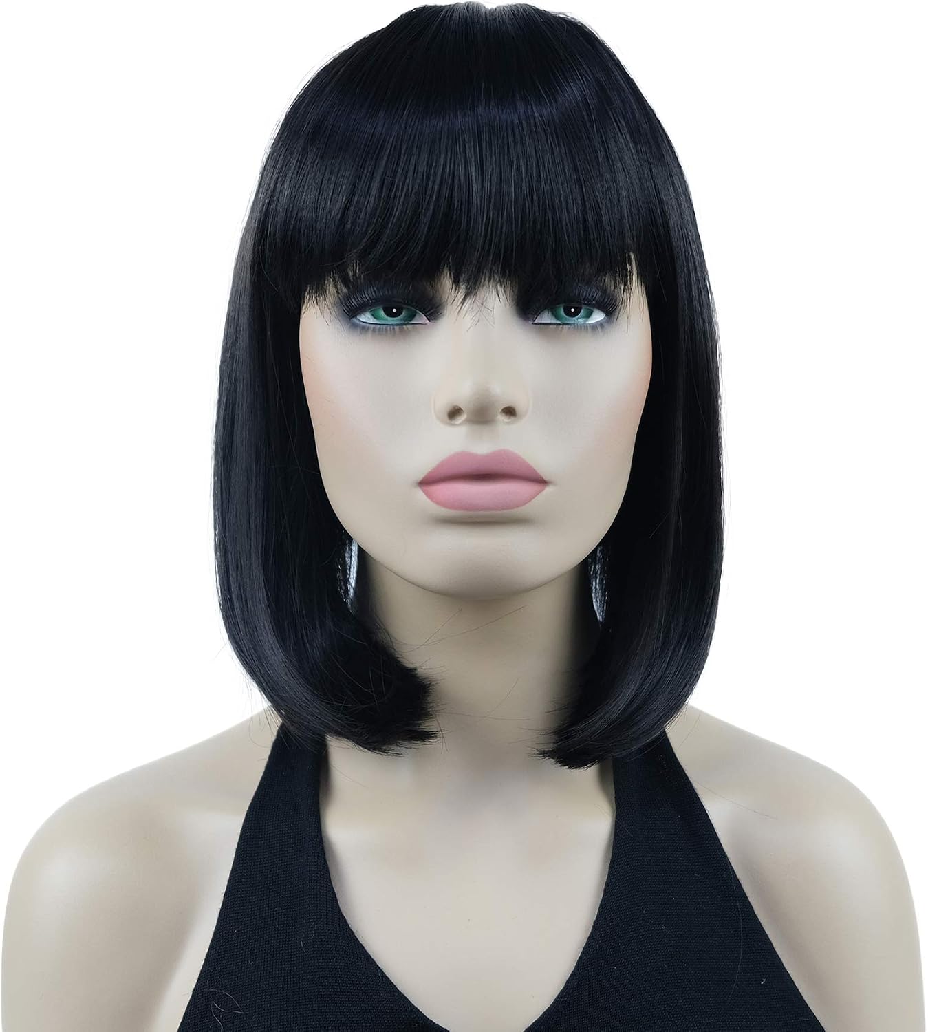 Lydell 10" Short Straight Bob Hair Wigs with Bangs Synthetic Hair Cute Wigs (Natural black)