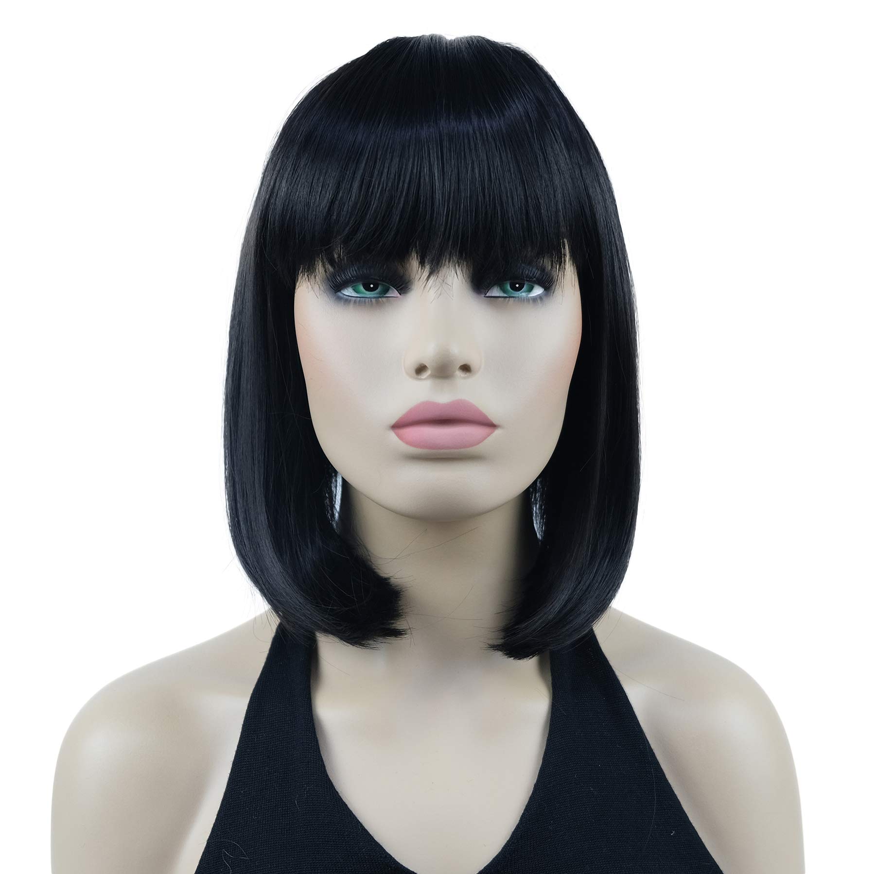Lydell 10" Short Straight Bob Hair Wigs with Bangs Synthetic Hair Cute Wigs (Natural black)