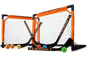 ACE HOCKEY - Shinny Hockey Set - Complete 4-Player Indoor/Outdoor Kit - Knee Hockey Goal Set (2) Goals, (2) Mini Sticks, and (6) Foam Balls - Mini Hockey Set