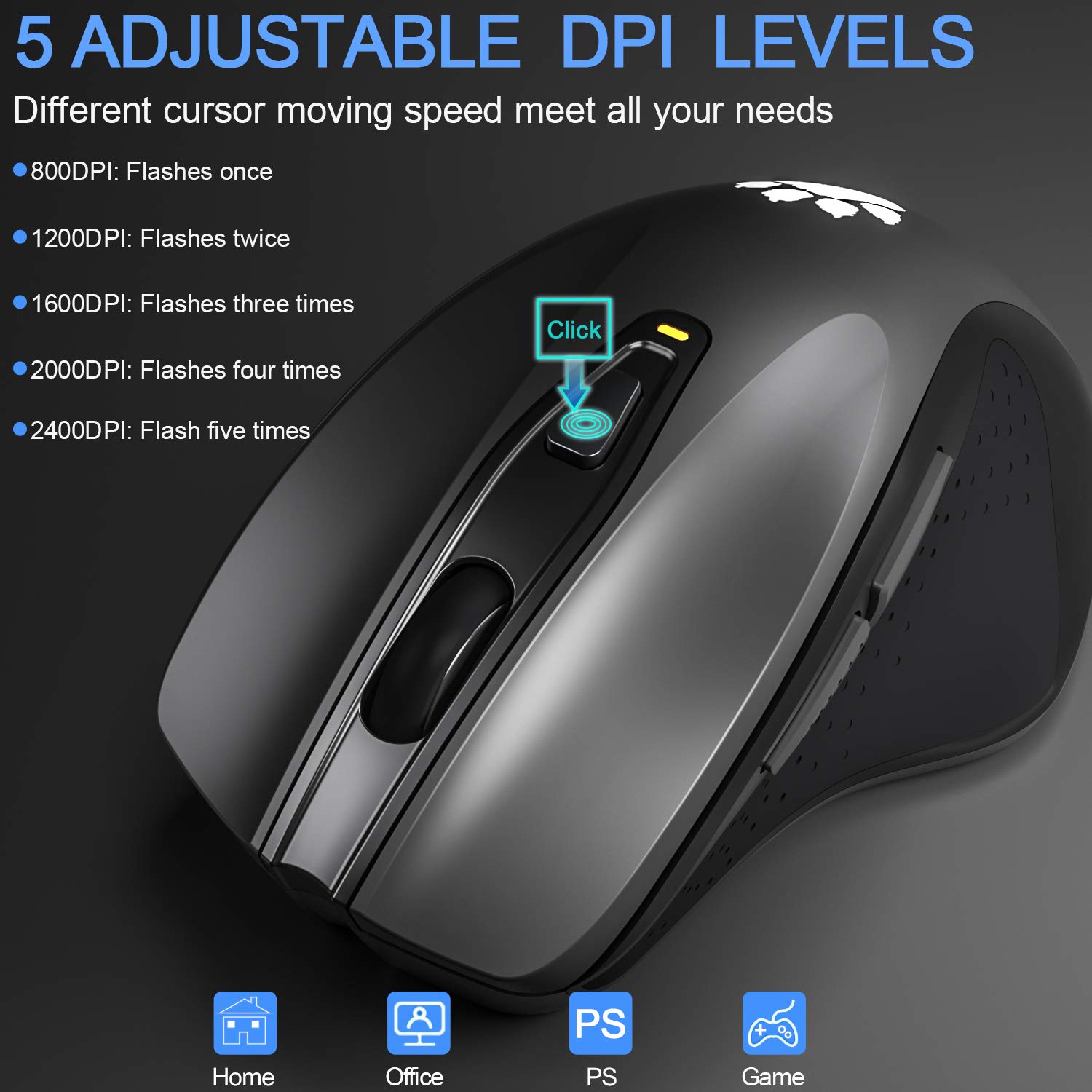 2.4G Wireless Mouse Portable Mobile Optical Mice with Nano USB Receiver 2400DPI 6 Buttons for Notebook PC Laptop Computer MacBook, Black