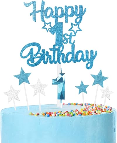 mciskin Happy 1st Birthday Candles Set Blue 1 Numeral & Star Toppers 12pc