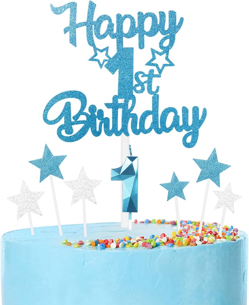 mciskin Happy 1st Birthday Candles Set Blue 1 Numeral & Star Toppers 12pc