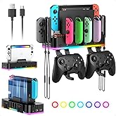 RGB Switch Wall Mount for Joy-Con Charger, Switch Holder for Nintendo Switch 1/ OLED with Switch Organizer, Switch Accessories with 15 Light Mode, 4 Controller Charger, 2 USB Port, 10 Card Slot