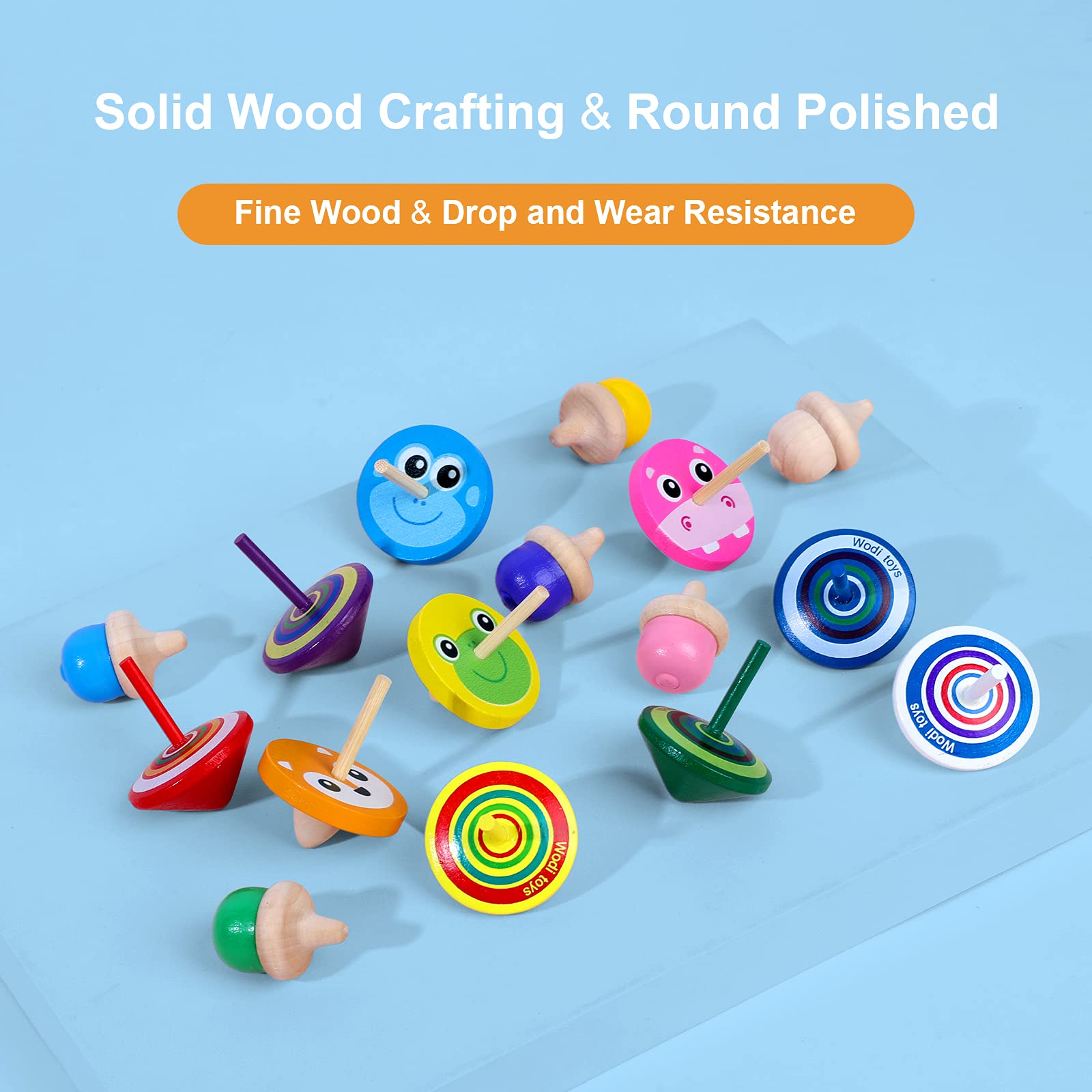 WODI Wooden Spinning Tops, 17 Pcs Wood Novelty Gyroscopes, Kids Handmade Painted Spinner, Kindergarten Toys, Vintage Craft Spin Top, Great Gift for Toddlers Girls Boys