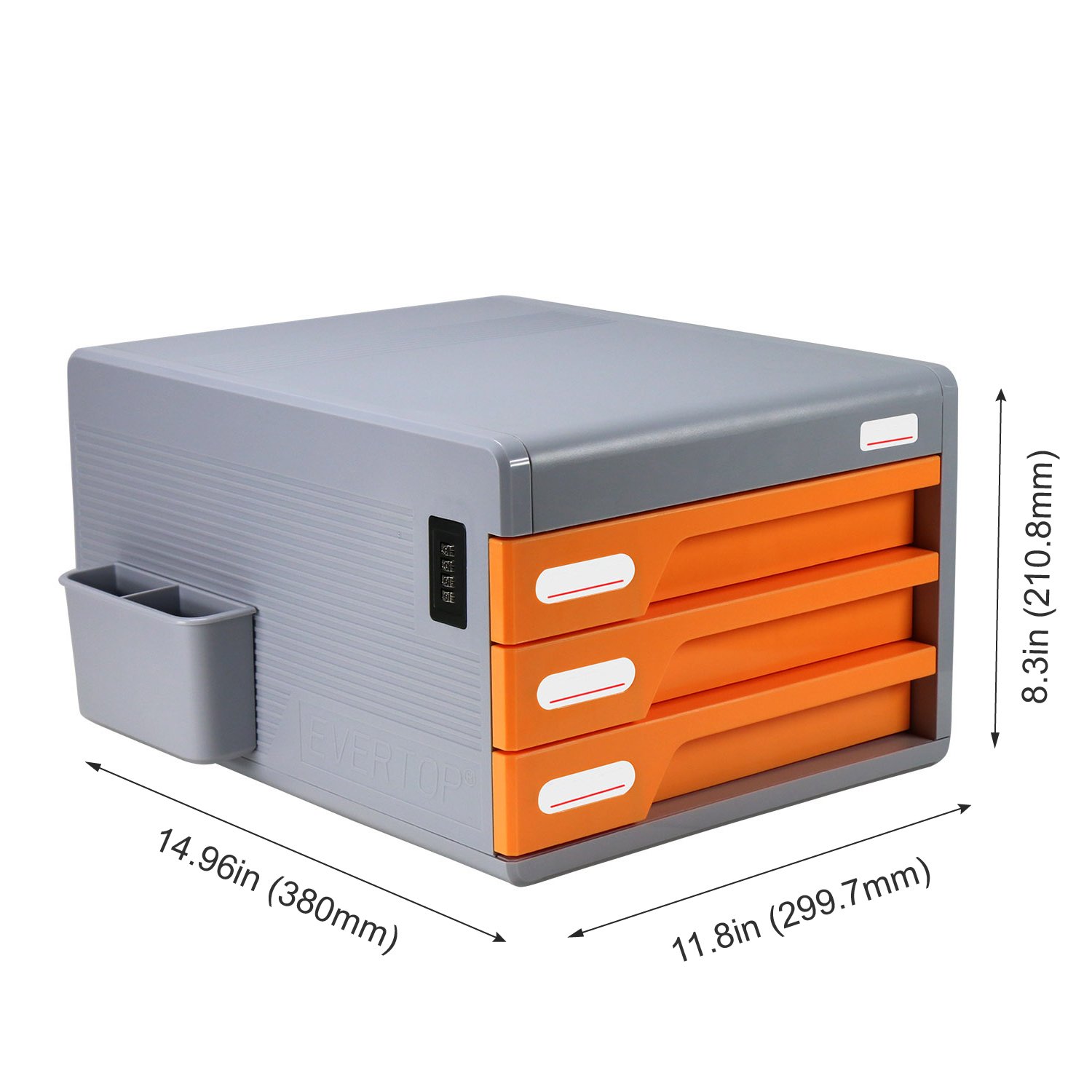 La Boîtes à fichier,Evertop Organiseur de bureau avec serrure à combinaison fichier armoire Fournitures de bureau Boîte de rangement de bureau avec rangement latéral (3 Tiroirs Orange)