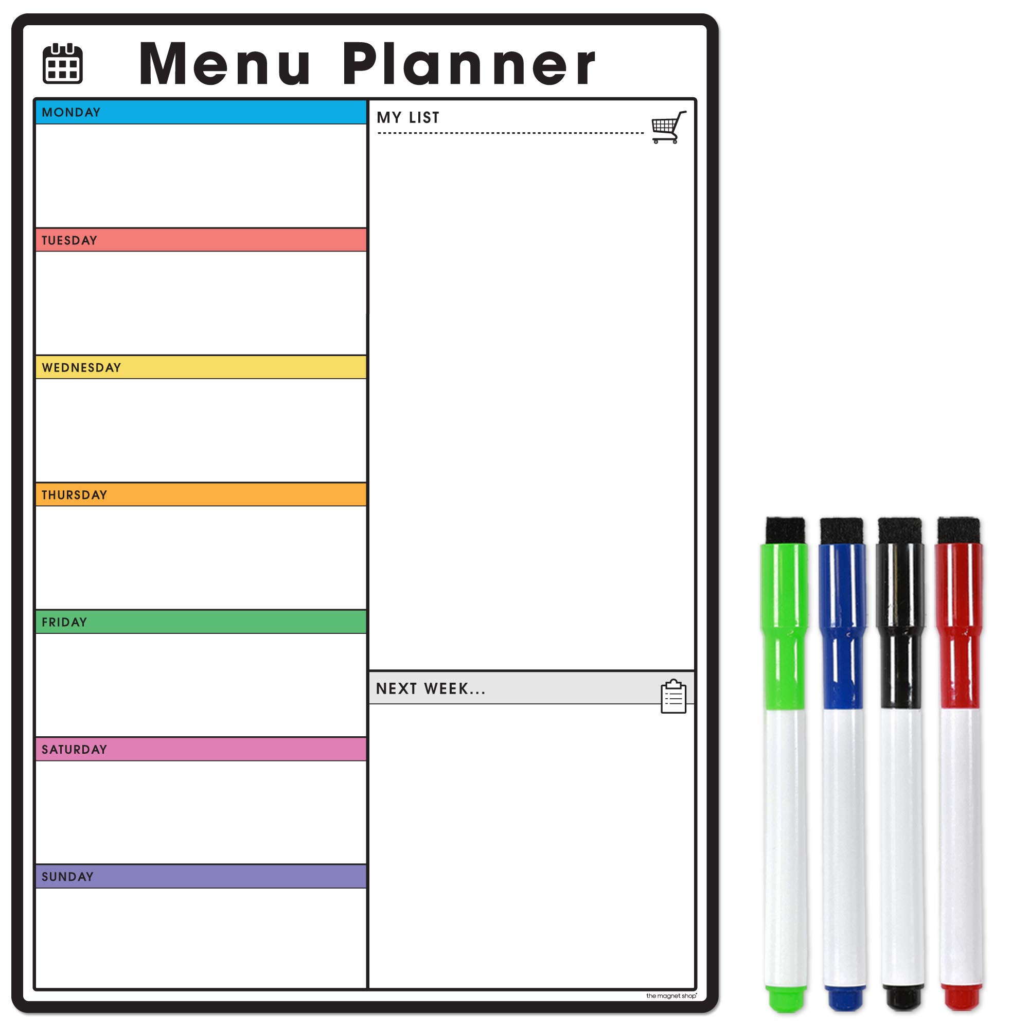 TMS Weekly Meal Planner for Fridge | Magnetic Whiteboard Calendar and Shopping List | Dry Wipe Memo Board for Kitchen | Made in The UK (A3 (42 x 30cm), Colour Style 2)