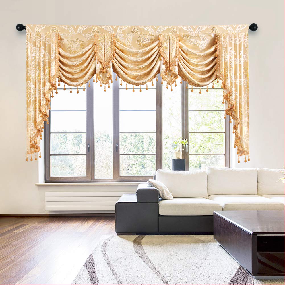 ELKCA Golden Jacquard Swag Waterfall Valance for Living Room Damask Curtain Valance for Kitchen (Damask-Golden, W98 Inch, 1 Panel)