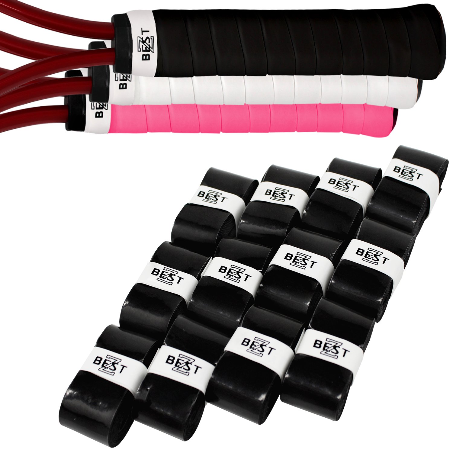 Z Best Tennis Racket Grip Tape Overgrip 12 Pack Wrap for Squash Racket Racquetball Badminton Pickleball Paddle Baseball Bat Handle Ultra Pro Bulk Replacement Dozen Black Pink White