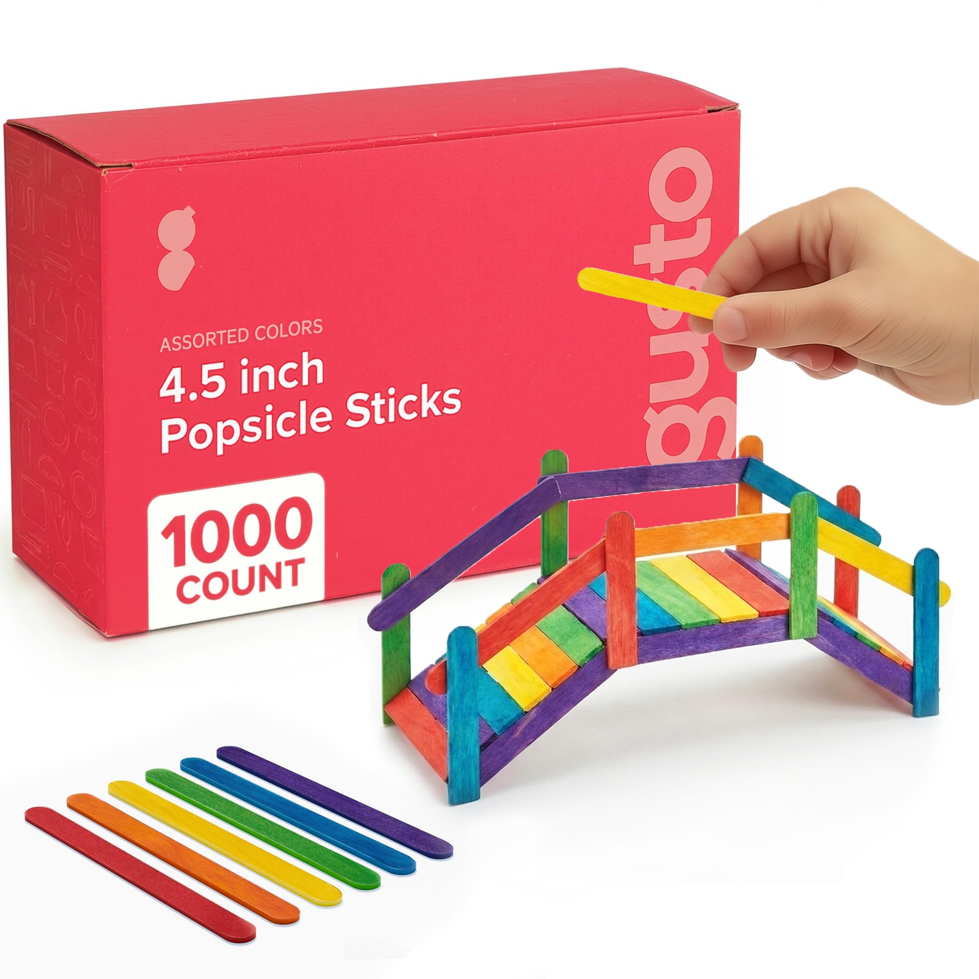 Gusto Popsicle Sticks for Crafts – 1000 Count, 4.5 Inch Coloured Lolly Sticks in 6 Rainbow Colours, Wooden Lollipop Sticks for Kids, School Projects & Art Activities