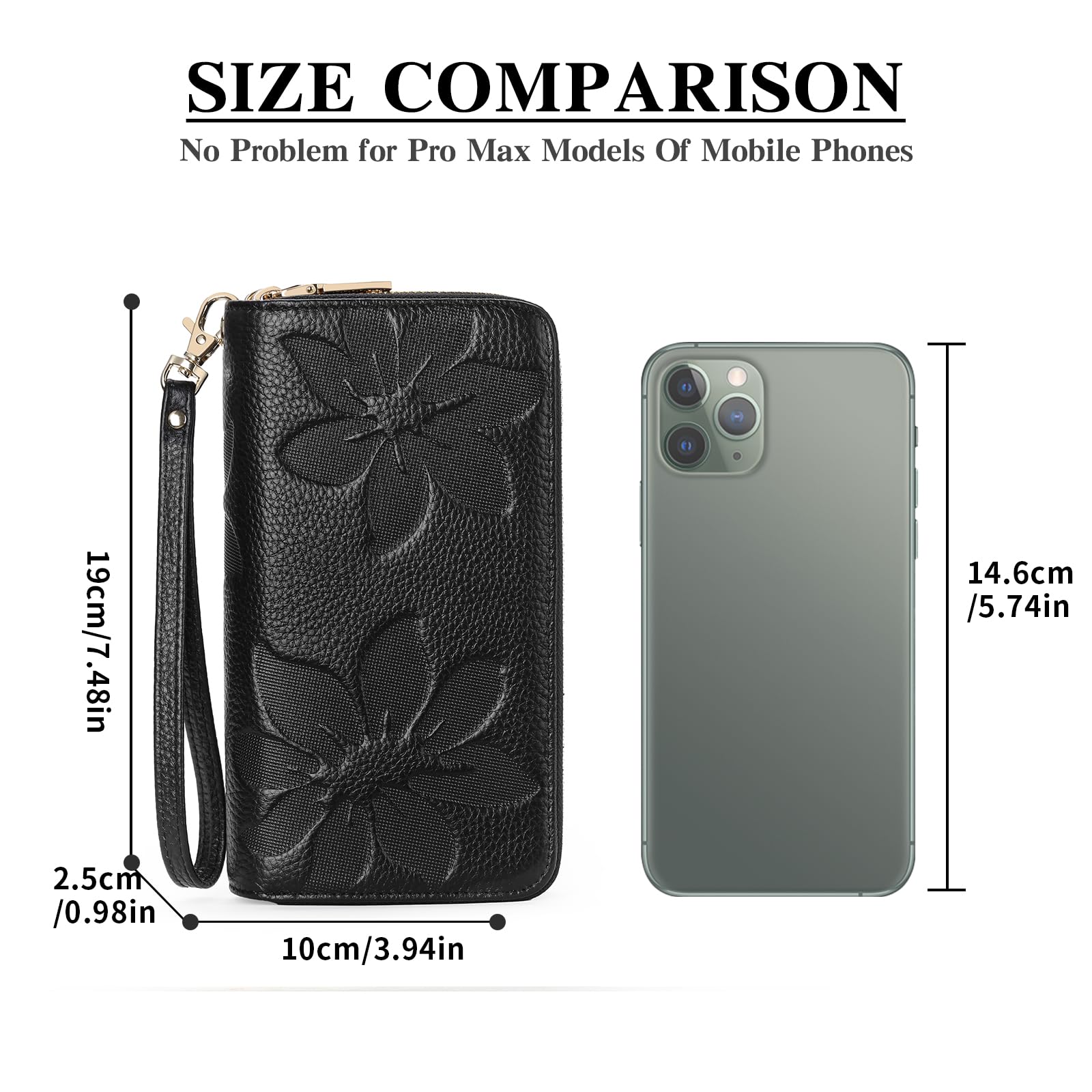 GOIACII Women's Wallet Large Capacity Double Zip Ladies Card Phone Holder RFID Blocking Wristlet Leather