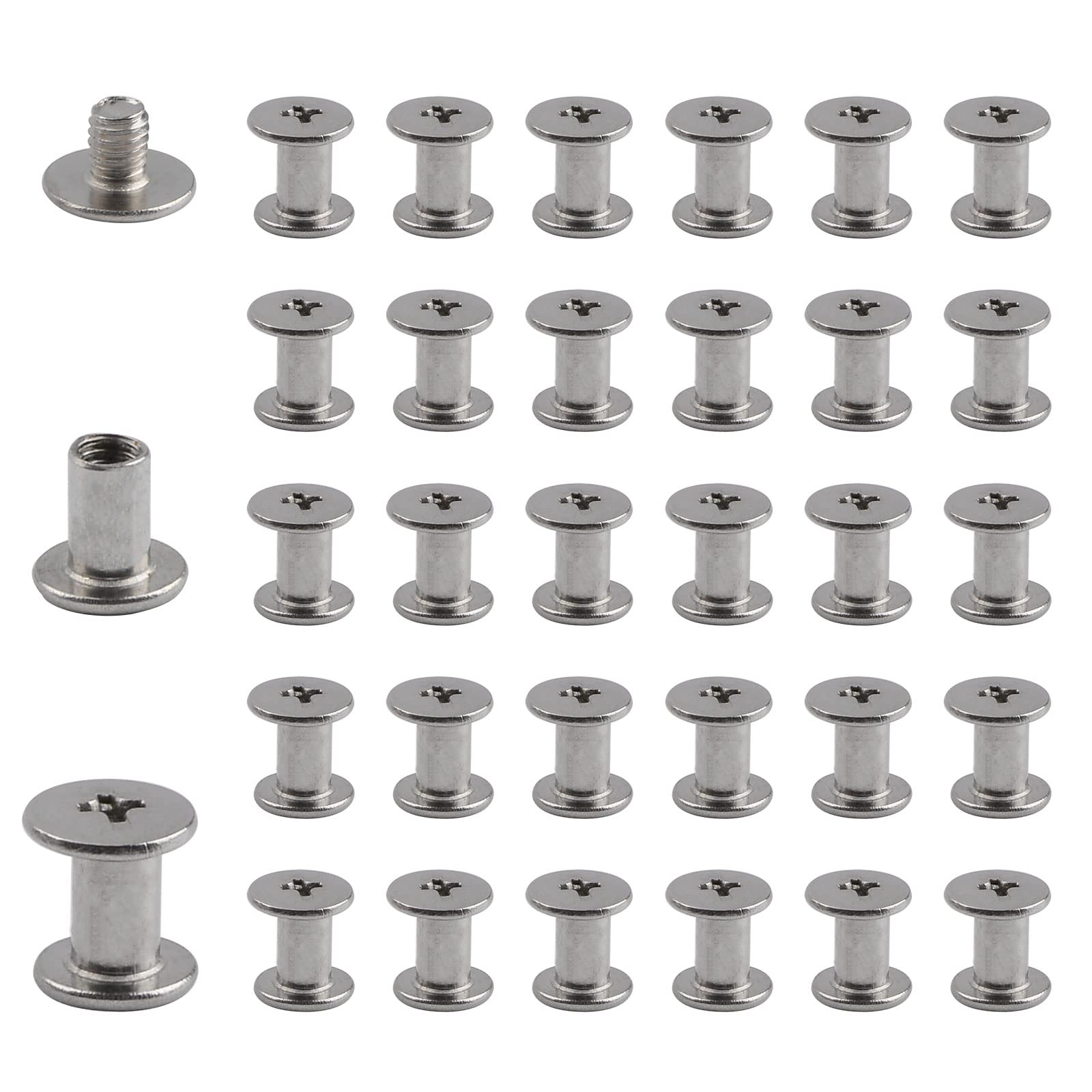 INCREWAY Stainless Steel Phillips Screws, 30 Sets 5mm X 8mm Chicago Binding Screws Round Cross Head Stud Screw Posts Nail Rivet Chicago Button, Silver Tone