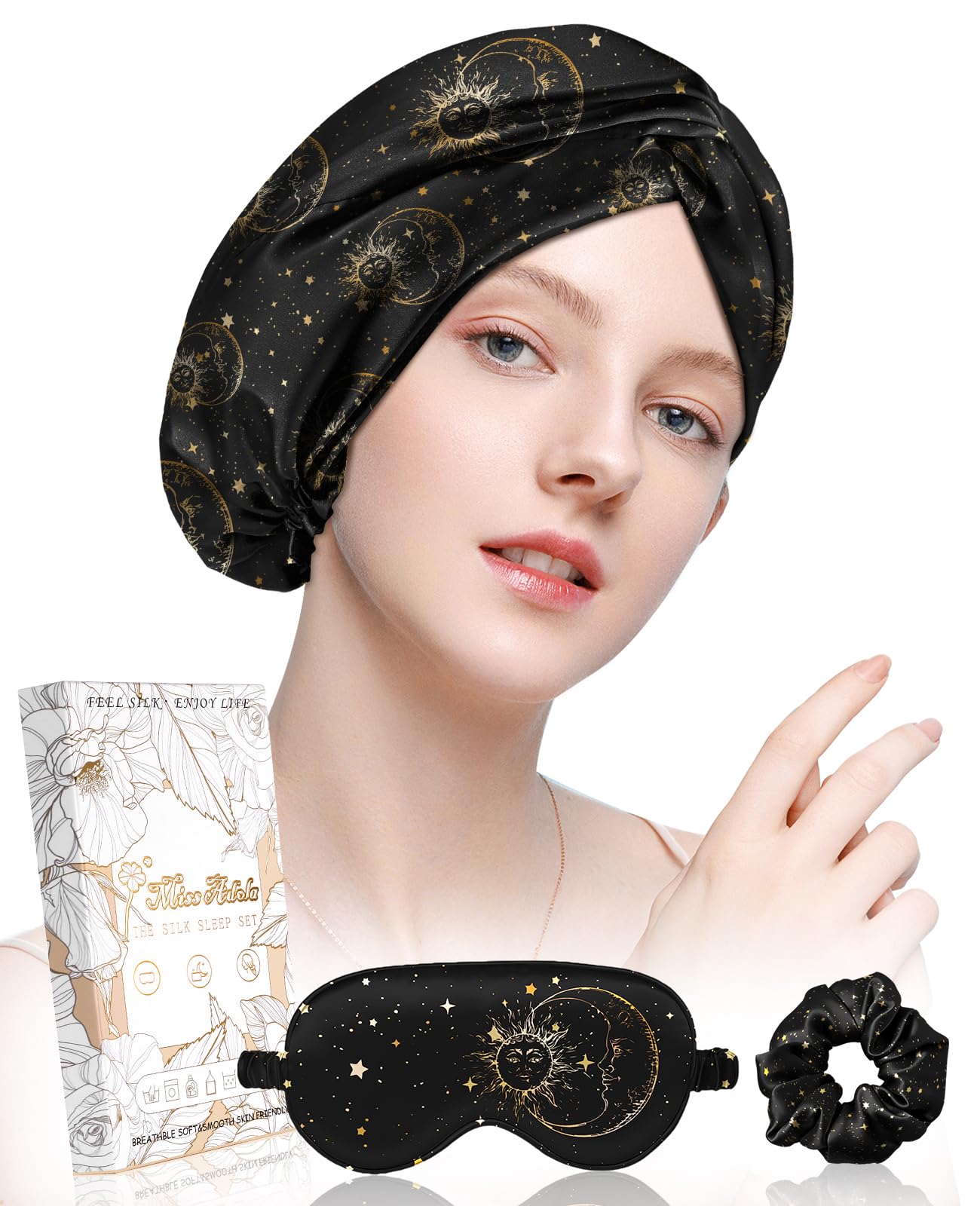 Miss Adola Silk Bonnet for Sleeping - Mulberry Silk Hair Bonnet for Women Sleeping Cap with Scrunchie & Eye Mask 19 Momme Night Cap with Elastic Stay On Head for Curly Hair Care, Black Sun