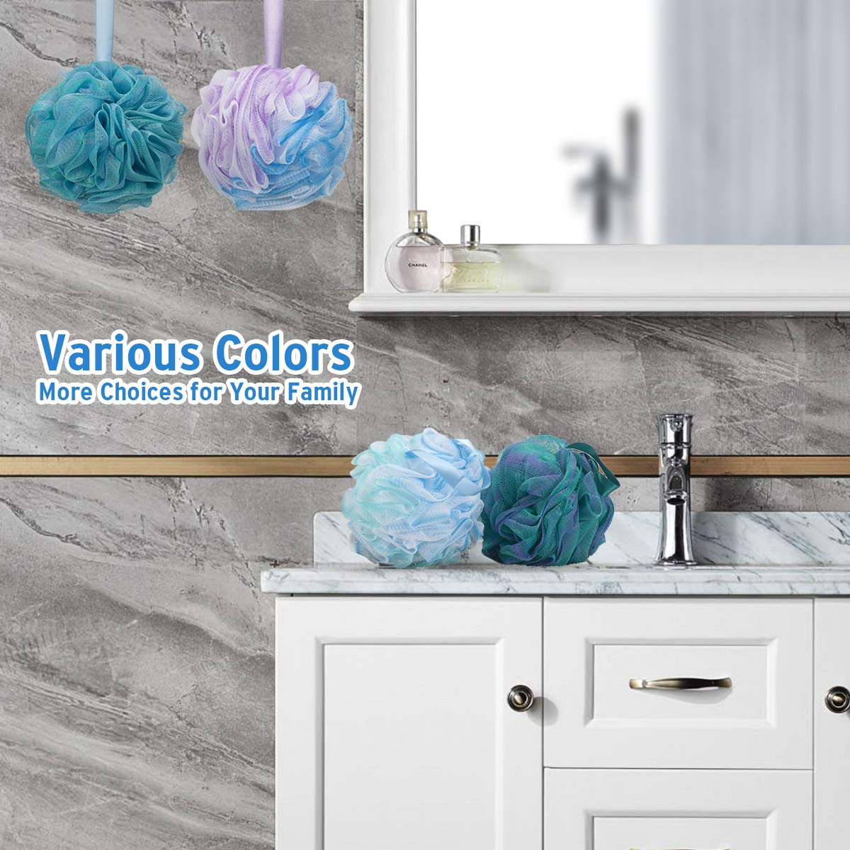 DadyMart Bath Shower Loofah Sponge 60g Bath Mesh Pouf Shower Ball Body Scrubber Exfoliating Bath Sponge for Women and Men, Set of 4, Flower Color: Beauty