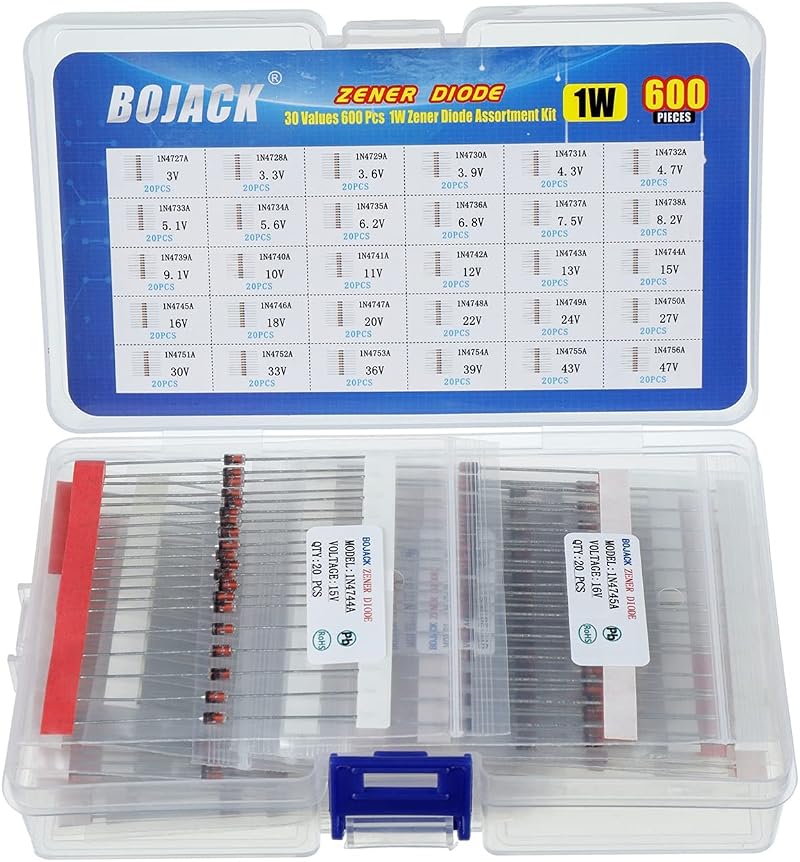 BOJACK 600pcs 1W Zener Diodes Assortment Kit 30 Values 3V-47V for Electronics