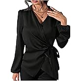 SweatyRocks Women's Wrap Satin Blouse Tie Knot Bishop Long Sleeve Elegant Business Work Shirts