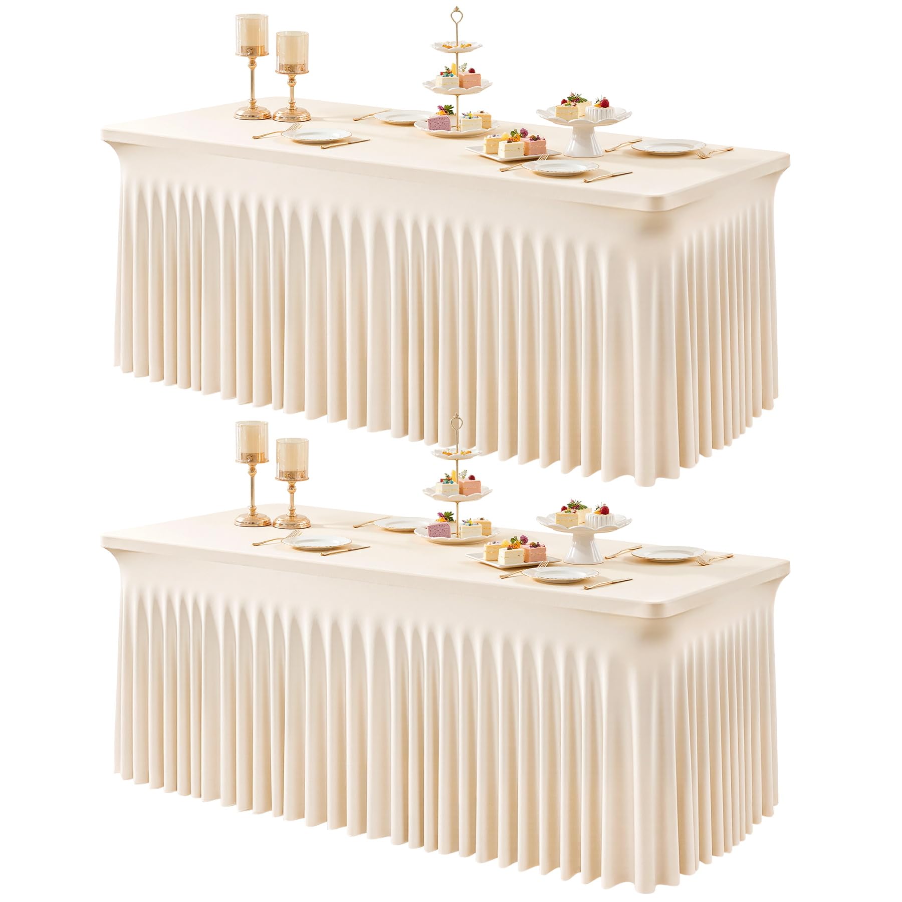 Photo 1 of 2 Packs Light Champagne Table Clothes for 8 Foot Rectangle Tables, One-Piece Wrinkle Resistant Stretch Spandex Table Covers with Skirt for Event Banquet Wedding Birthday Party