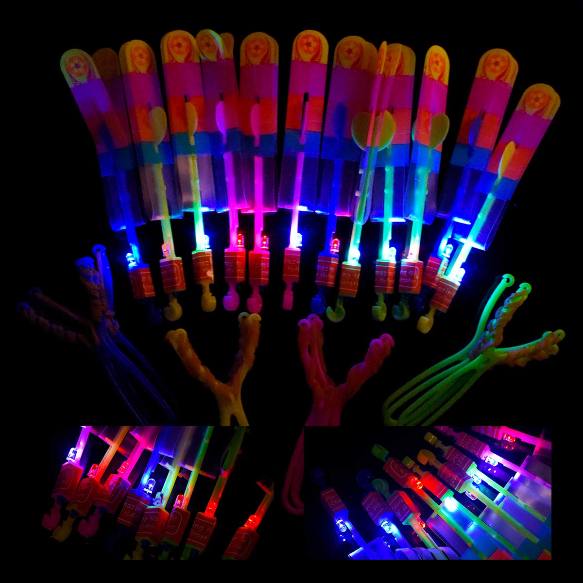 LEEHUR Toys for 6 Year Olds Boys 24pcs Light up Rocket Slingshot LED Rocket Copters Arrow Helicopter Glow in the Dark Party Supplies Birthday Class Prizes Easter Egg Fillers Basket Stuffers Goodie Bag