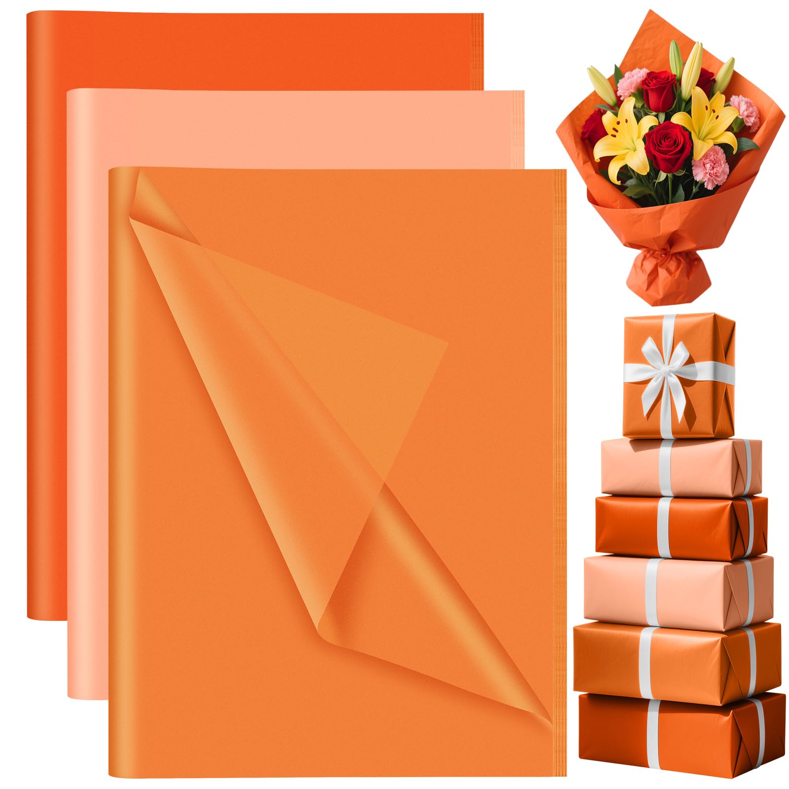 PLULON 90 Sheets Orange Tissue Paper Bulks, Gift Wrap Tissue Paper Sheets for Packaging Birthday Gift Wrapping Paper Birthday Wedding Holiday Paper Flower