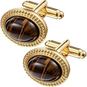 MSHHDK Cufflinks for Men Classic Wedding Business Shirt Cuff Links Oval Tigers Eye Gemstone Cufflinks Gold Plated Crystal Men