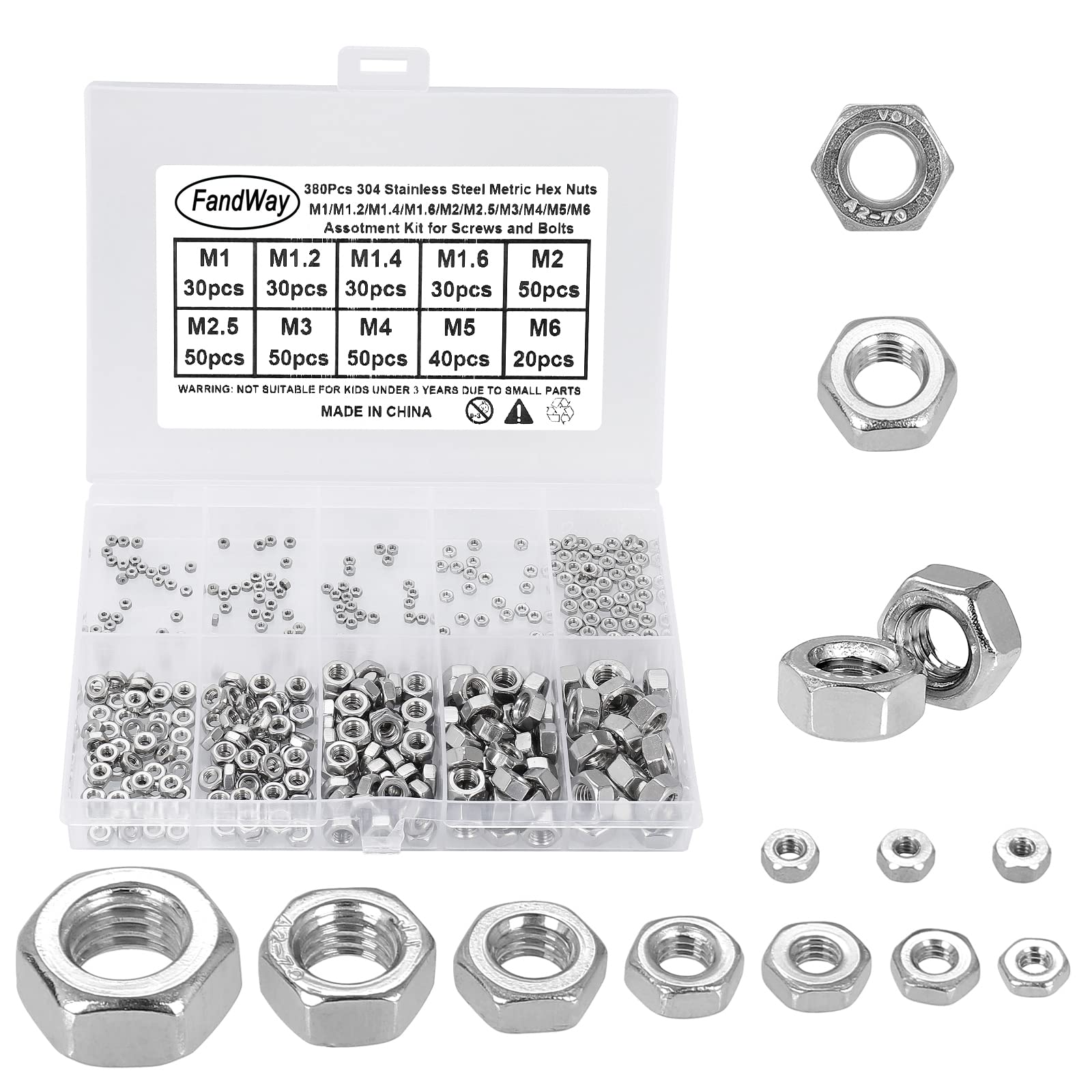 FandWay 380Pcs Metric 304 Stainless Steel Hex Nuts Assortment Kit for Screw Bolt (M1 M1.2 M1.4 M1.6 M2 M2.5 M3 M4 M5 M6) DIN934 Small Hex Hexagonal Nuts, Coarse Thread, Small/Mini/Micro Sizes