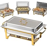 Amhier Chafing Dishes for Buffet 4 Pack, 9Qt Chafing Dishes with 7 Food Pans, Stainless Steel Chafing Dish Buffet Set for Parties, Events & Weddings Gold