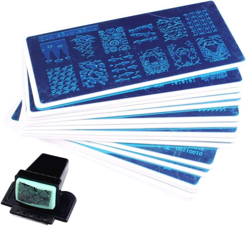 FingerAngel 16pcs Nail Art Stamping Plates Kit with 1pcs Green Stamper & White Holder - DIY Nail Art Template & Tools