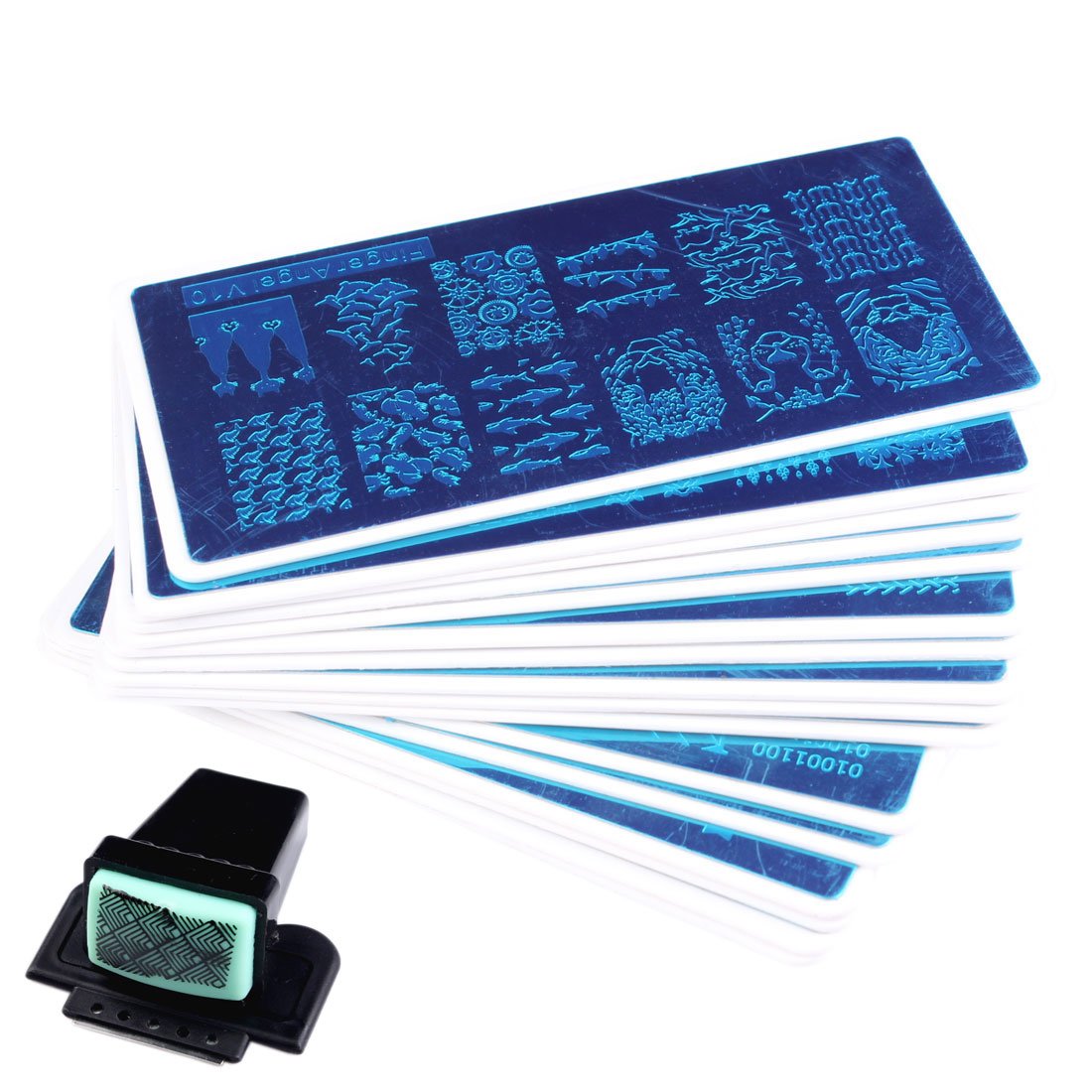 FingerAngel 16pcs Nail Art Stamping Plates Kit with 1pcs Green Stamper & White Holder - DIY Nail Art Template & Tools