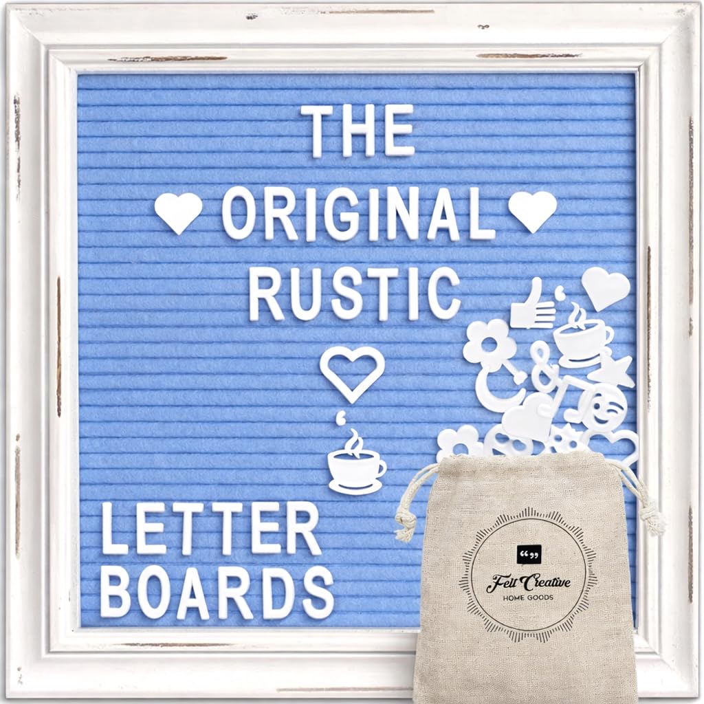Felt Letter Board with Rustic White Wood Farmhouse Vintage Frame and Stand by Felt Creative Home Goods | Changeable Message Board Includes 350 White Alphabet Letters (Blue, 10x10 Inches)
