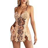 Lilosy Sexy Pearls Split Padded Velvet Appliques Lace Floral Sheer Mini Lingerie Dress