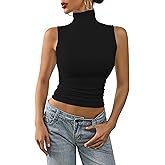 Nasperee Women Sleeveless/Cap Sleeve Mock Turtleneck Tank Tops Slim Fit Side Ruched Stretch Crop Y2K Tee Shirts