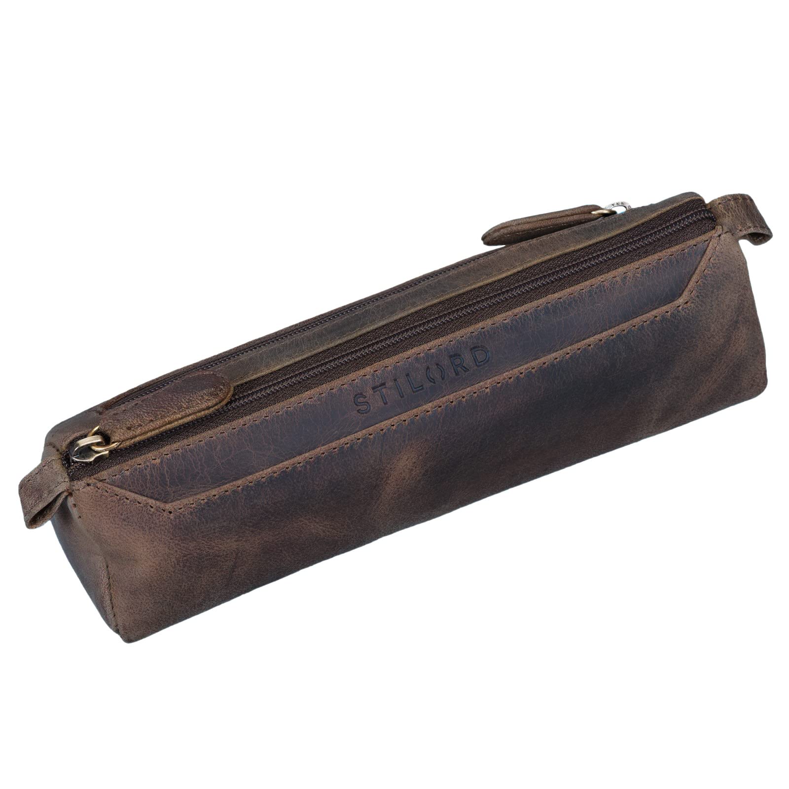 "Jim" Leather Pencil Case Vintage | Large 2-Compartment Round Pen Holder for Men and Women | Genuine Leather Pouch Stationary Organizer Colour:Dark - Brown