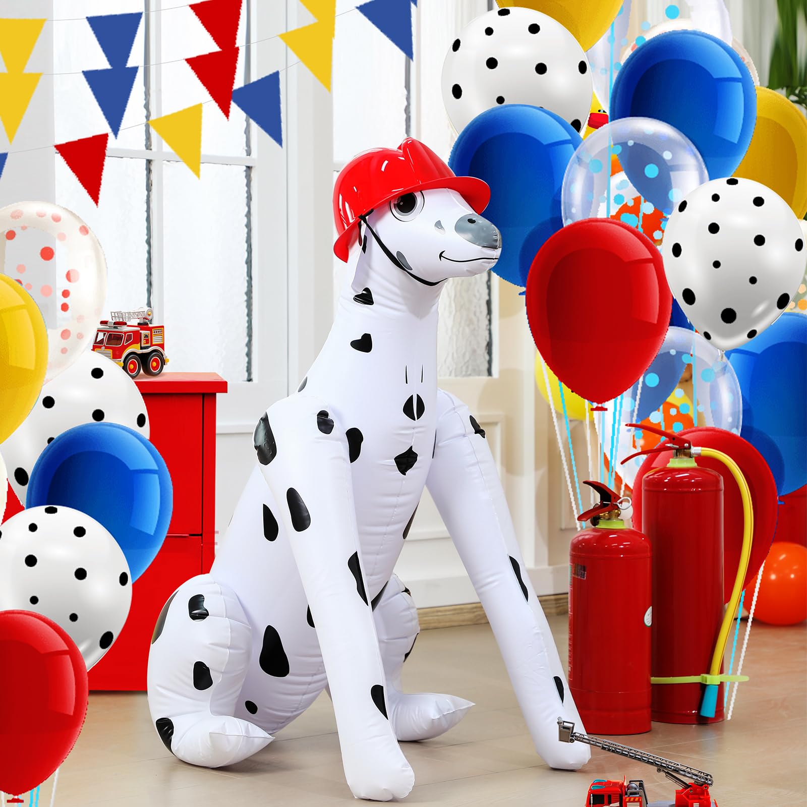 Photo 1 of Hungdao 39 x 30 Inch Inflatable Fire Truck Dalmatian Firefighter Dogs with Fire Helmet Paw Birthday Party Balloon Aerated Animal Dalmatian Dog for Firefighter Fire Truck Theme Party Supplies Decor