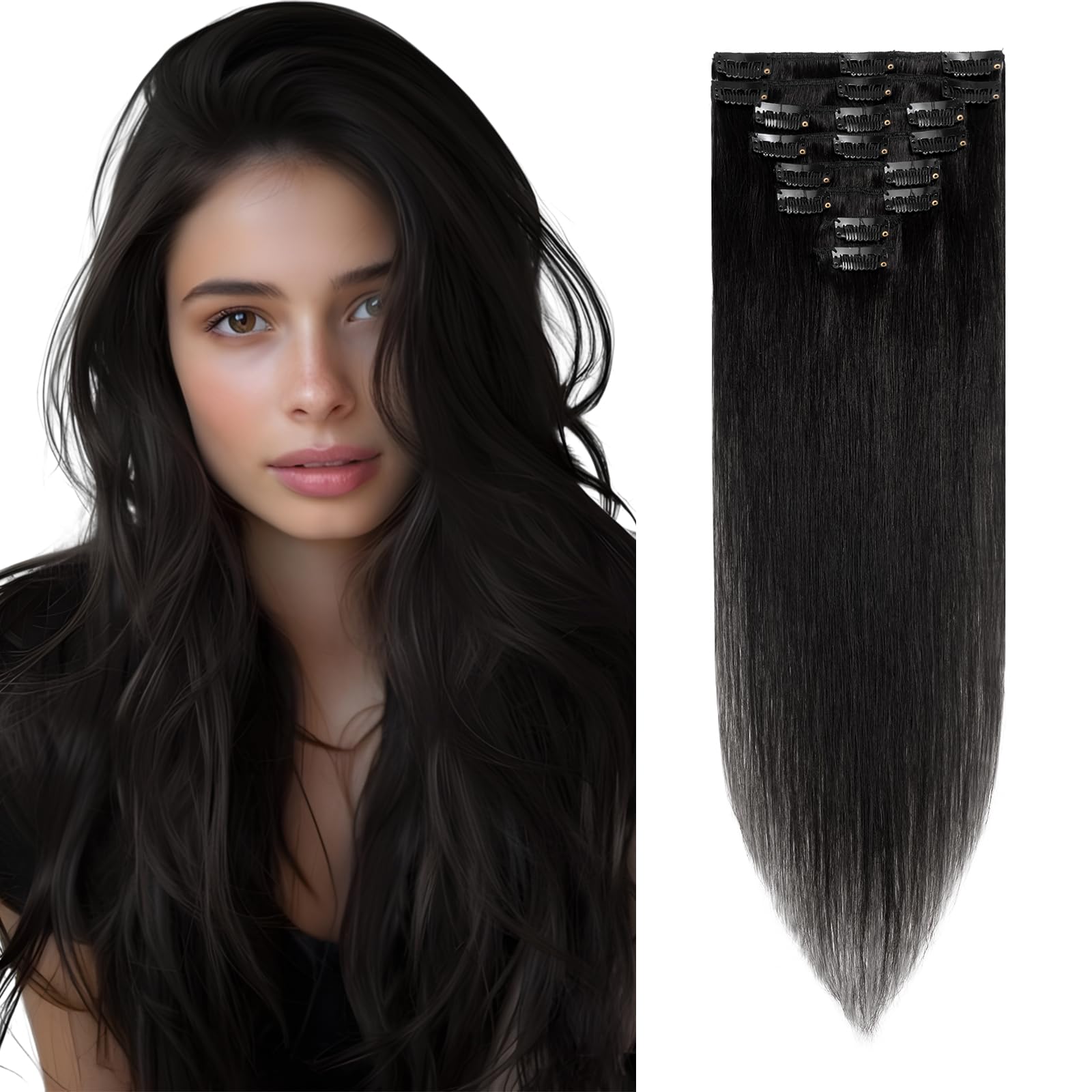 Elailite Human Hair Black Clip in Extensions Real Remy Natural Hair 8 Pieces Invisible Thin Weft Straight - #1 Jet Black - 16 Inch (65 g)