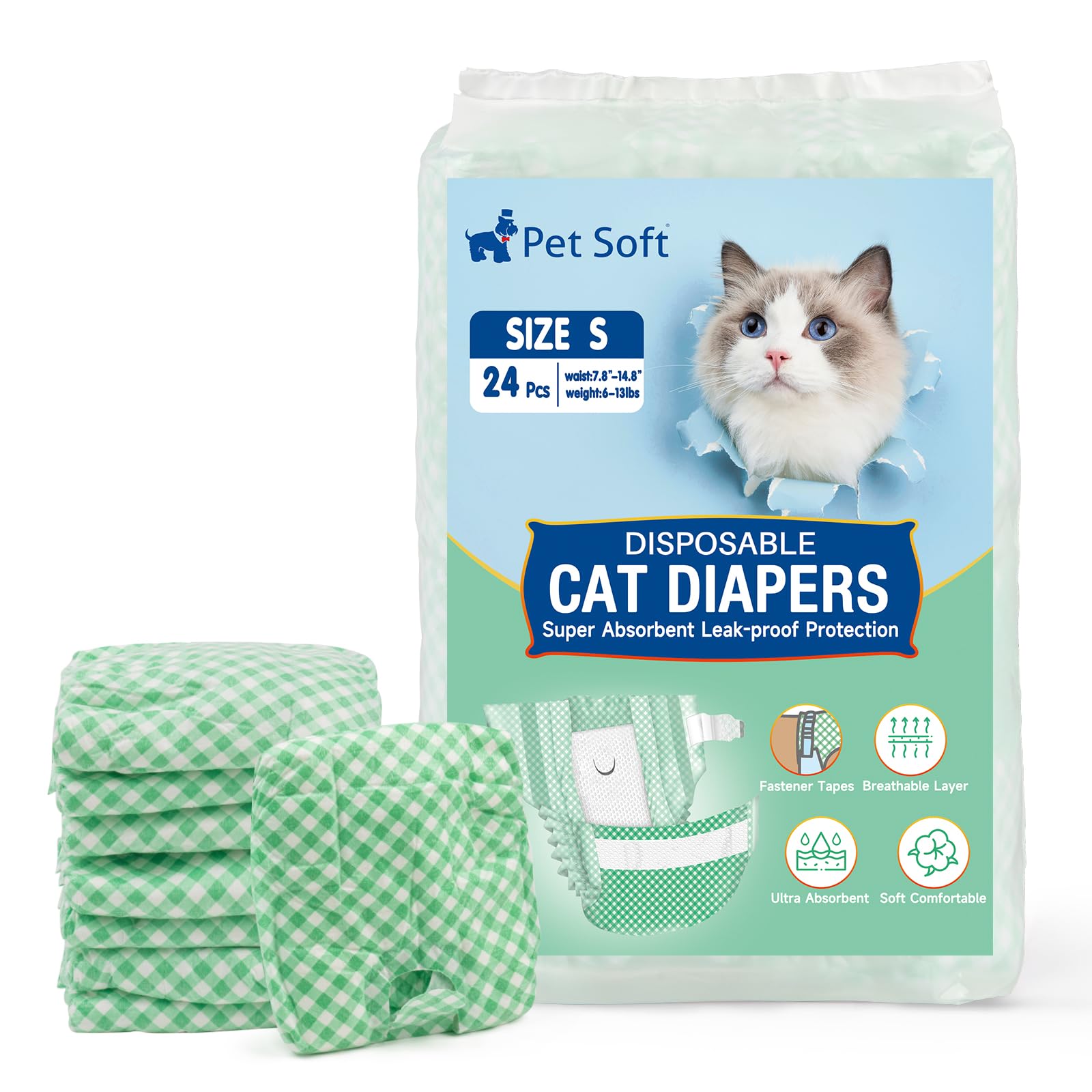 Photo 1 of Pet Soft Disposable Cat Diapers - Female Dog Diapers for Cats & Dogs in Heat Period or Urine Incontinence, Doggie Diapers Ultra Absorbent Leak-Proof Puppy Diapers 24pcs (Green, S)
