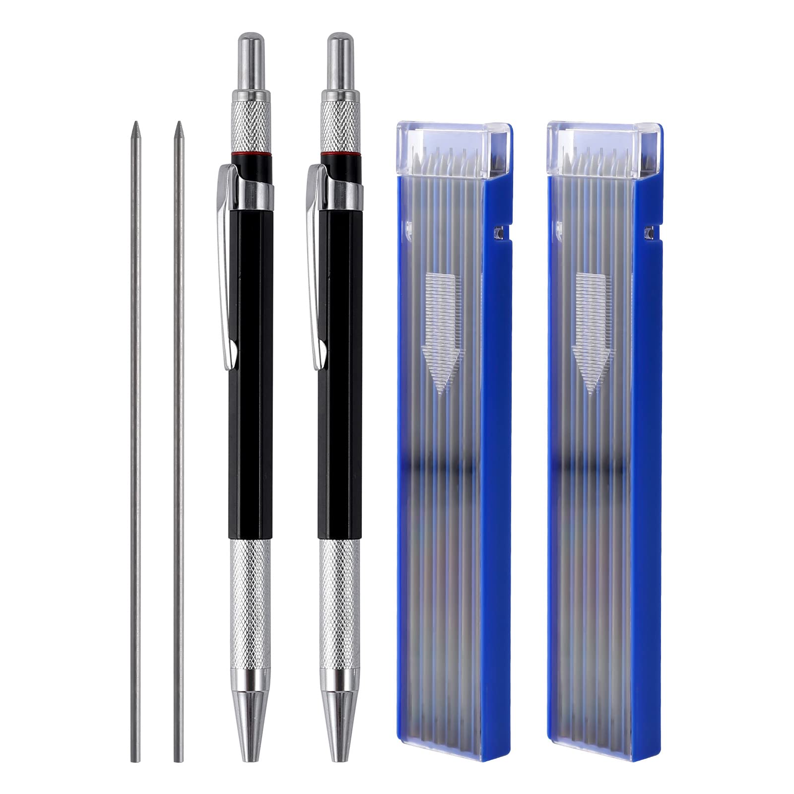KINBOM 2Pcs Streak Welder Pencils with Build-In Nib Sharpener, 24Pcs 2mm Round Pencils Refills, Automatic Mechanical Carpenter Pencils for Welding Metal Wood Construction Marker Drawing Writing(Black)