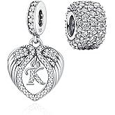 Su-Carata 2 Pack 925 Sterling Silver Heart-Wings Letter A-Z Charms for Pandora Bracelets and Necklaces,With Pave-Set Cubic Zirconia Bead Charms,Valentines Gifts for Wife/Girlfriend Women