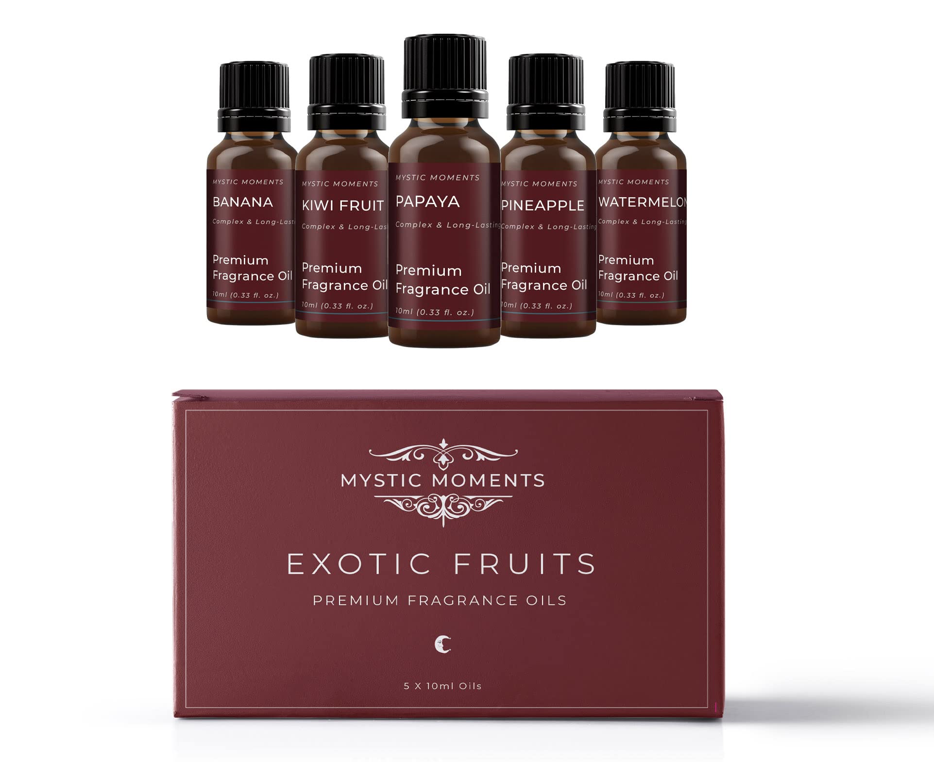 Mystic Moments | Exotic Fruit Fragrant Oil Gift Starter Pack 5x10ml| 5 Sweet Tropical Fragrance Oils – Banana, Kiwi Fruit, Papaya, Pineapple & Watermelon | Bright Summer Home Ambience