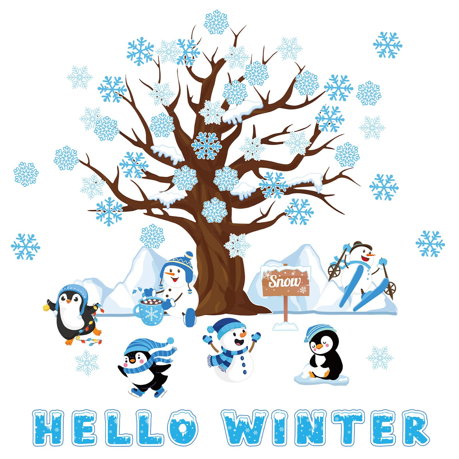84pcs Winter Bulletin Board Decorations for Classroom, Hello Winter Christmas Bulletin Board Decoration Set Snowflake Penguin Snowman Tree Paper Cutouts for School Home Wall Window Decor