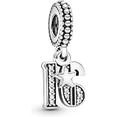 PANDORA 16th Celebration Dangle Charm | Sterling Silver with Clear Cubic Zirconia, Jewelry for Women with Gift Box, Compatible with PANDORA Moments