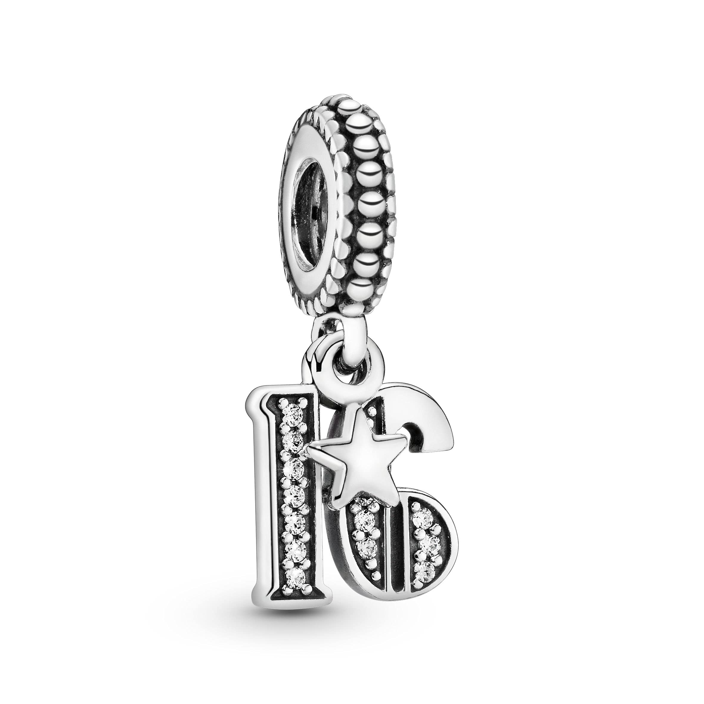 Pandora Moments Women's Sterling Silver 16 Years of Love Cubic Zirconia Dangle Charm for Bracelet, No Box