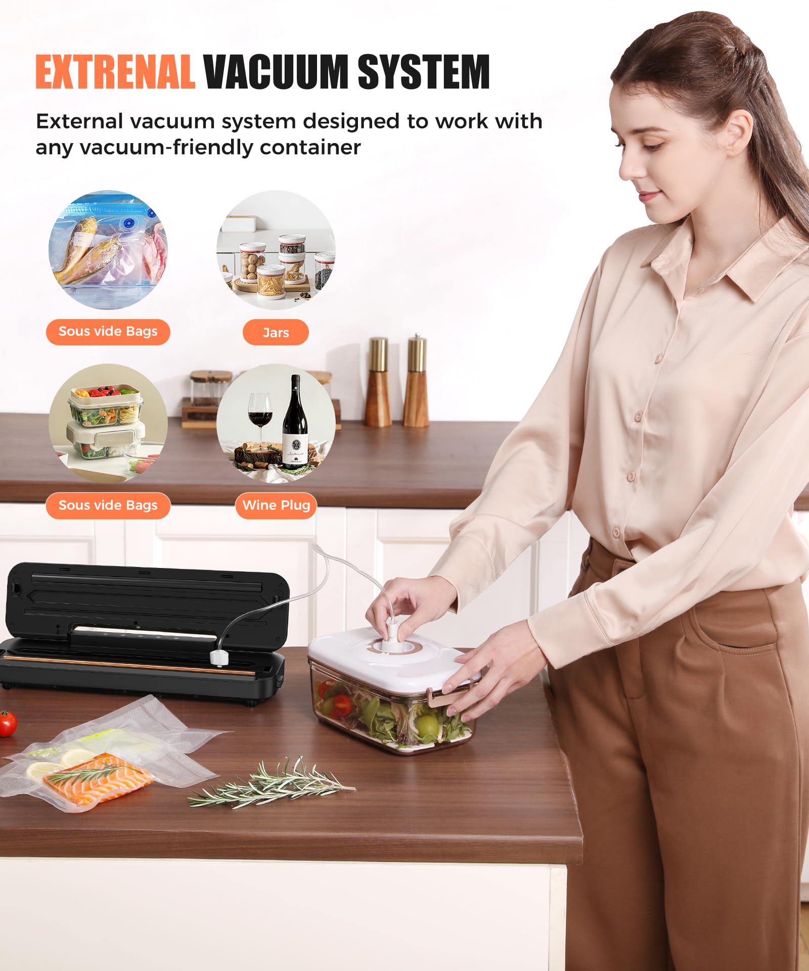 Vacuum Sealer Machine for Food Preservation, 6-in-1 Food Sealer for Freshness Storage, 75kpa Compact Vacuum Sealing Machine with External Sliding Blade, Digital Countdown Timer Titanium Black