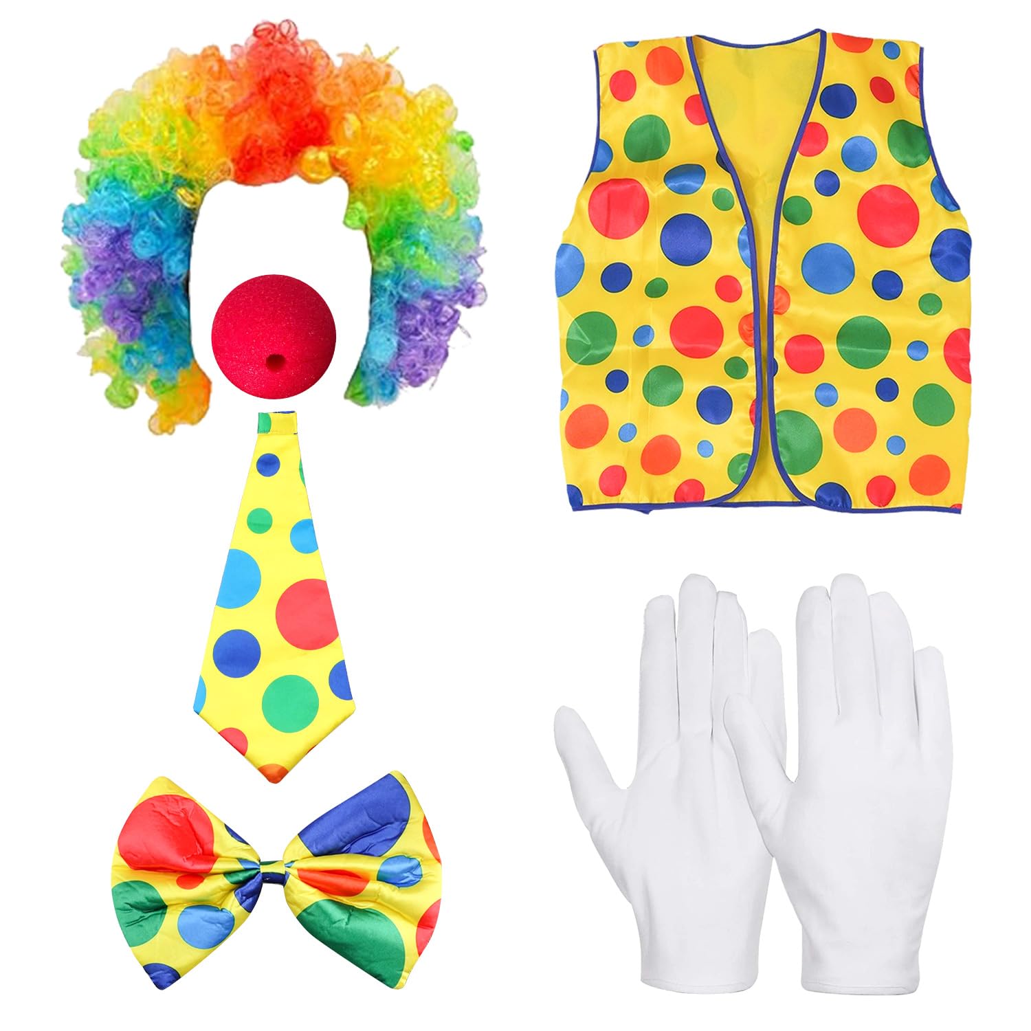RmKbe 6pcs Clown Costume Kit Rainbow Clown Wig Clown Vest Clown Bow Tie Clown Nose White Gloves Clown Dress Up Costume Accessories for Halloween Party