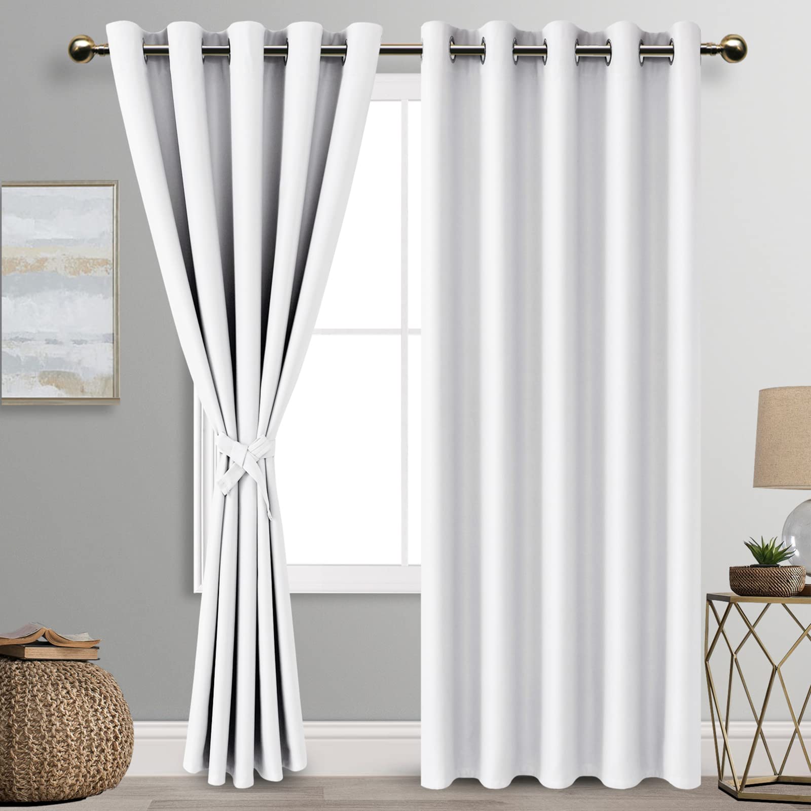 DWCN Greyish White Blackout Curtains with Tiebacks for Bedroom Thermal Insulated Solid Eyelet Curtains for Living Room,2 Panels,66" Wide x 90" Drop