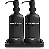 Black Glass Soap and Lotion Dispenser Set with Tray by Brighter Barns - Hand Soap Dispenser Bathroom Set & Stainless Steel Pump for Home - Modern Bathroom Accessories, Modern Decor (Black)