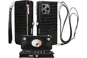 Stylivolve Crossbody Wallet Case for iPhone 16 Pro Max with Mirror, Wrist Strap, Zipper Purse Magnetic Flip RFID Blocking Card Holder, Wireless Charging, PU Leather Shockproof 6.9" Women (Black)