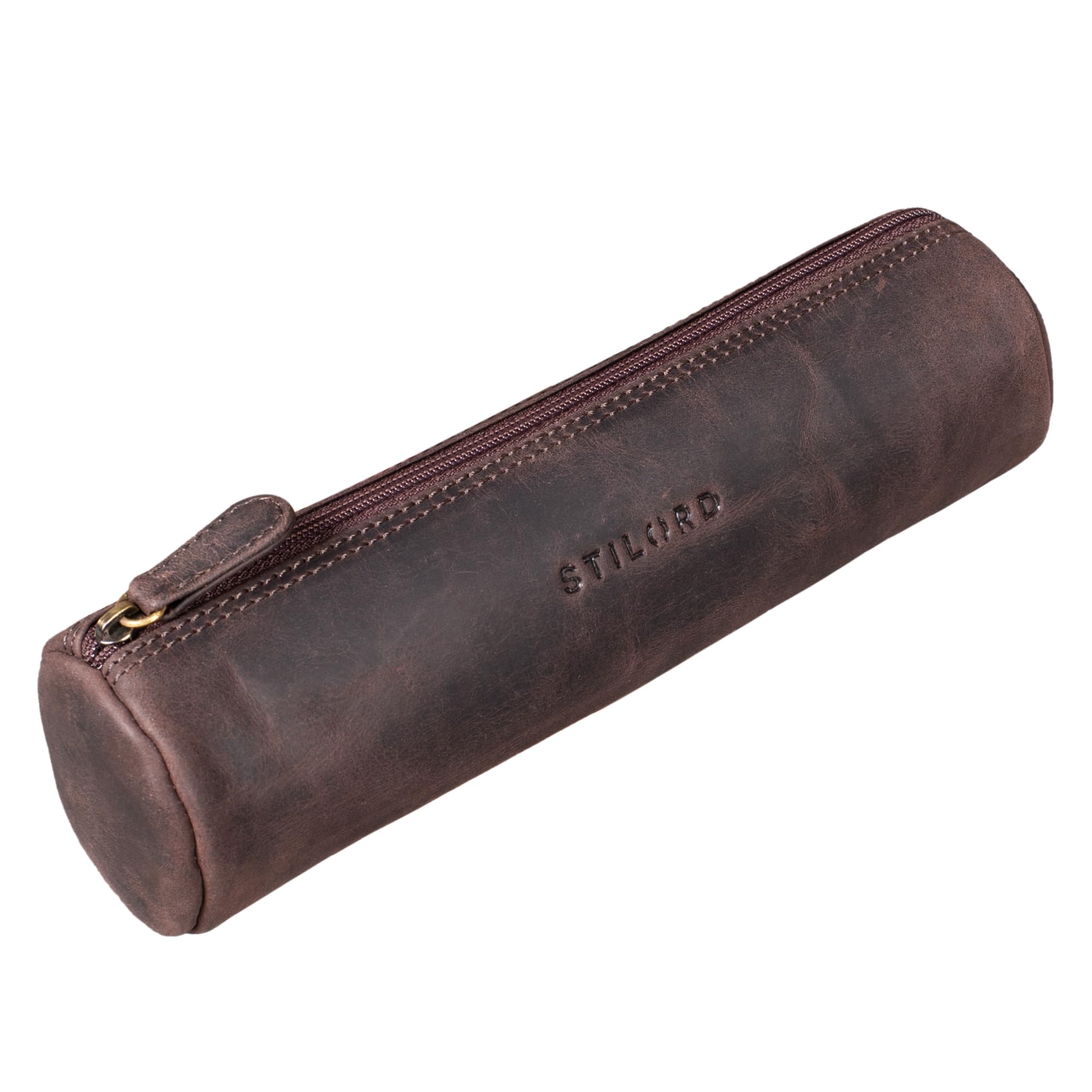STILORD "Miller" Pencil Roll Case Leather Vintage Pen Pouch Round Organiser for Women Men Stationary Case Slim in Genuine Leather Colour:Dark - Brown