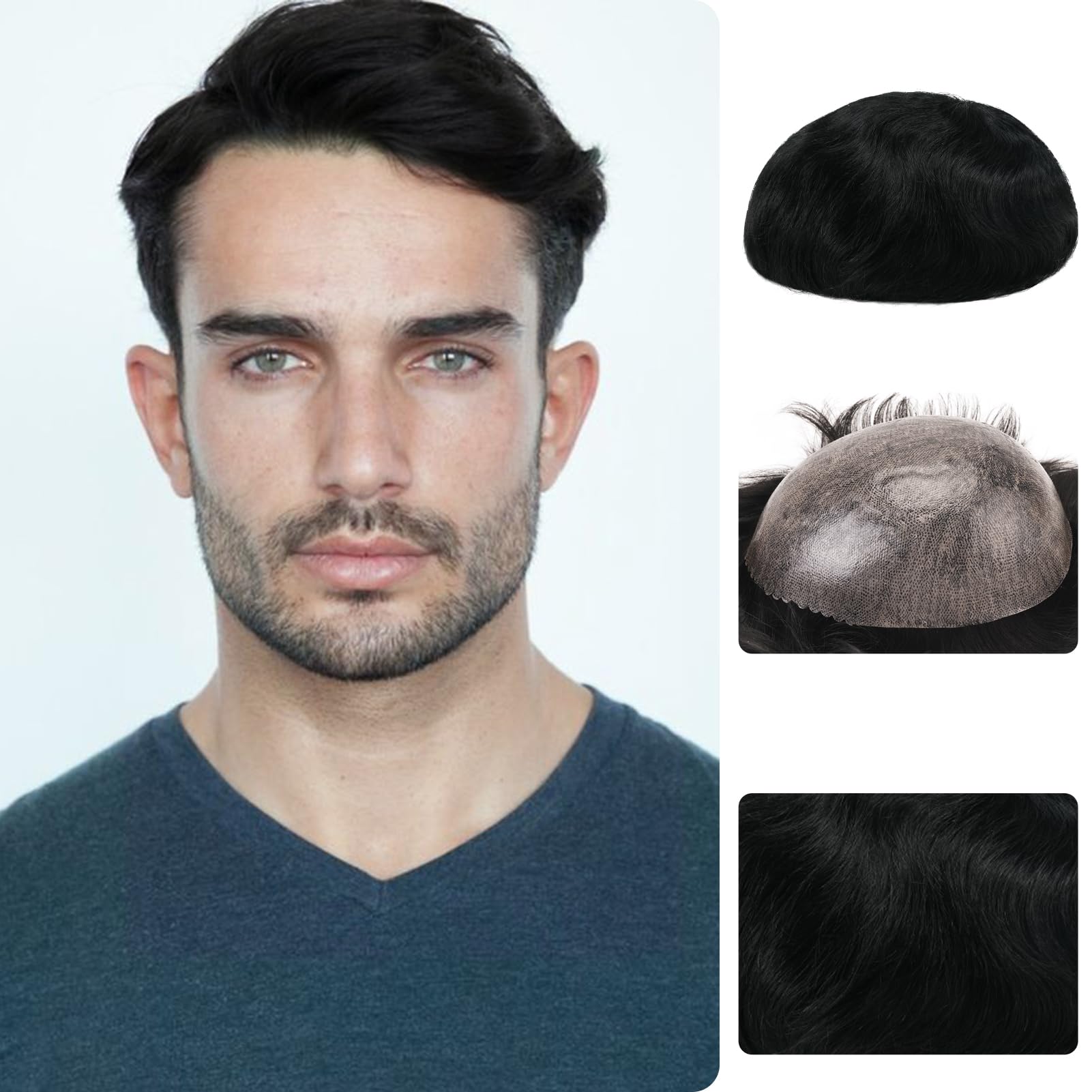 Zakya Hair System for Men Thin Skin Men's Toupee 100% Human Hair Men's Hairpieces 8x10 Inches Base Size Hair Replacement System for Men (Jet Black 1#) — image 1